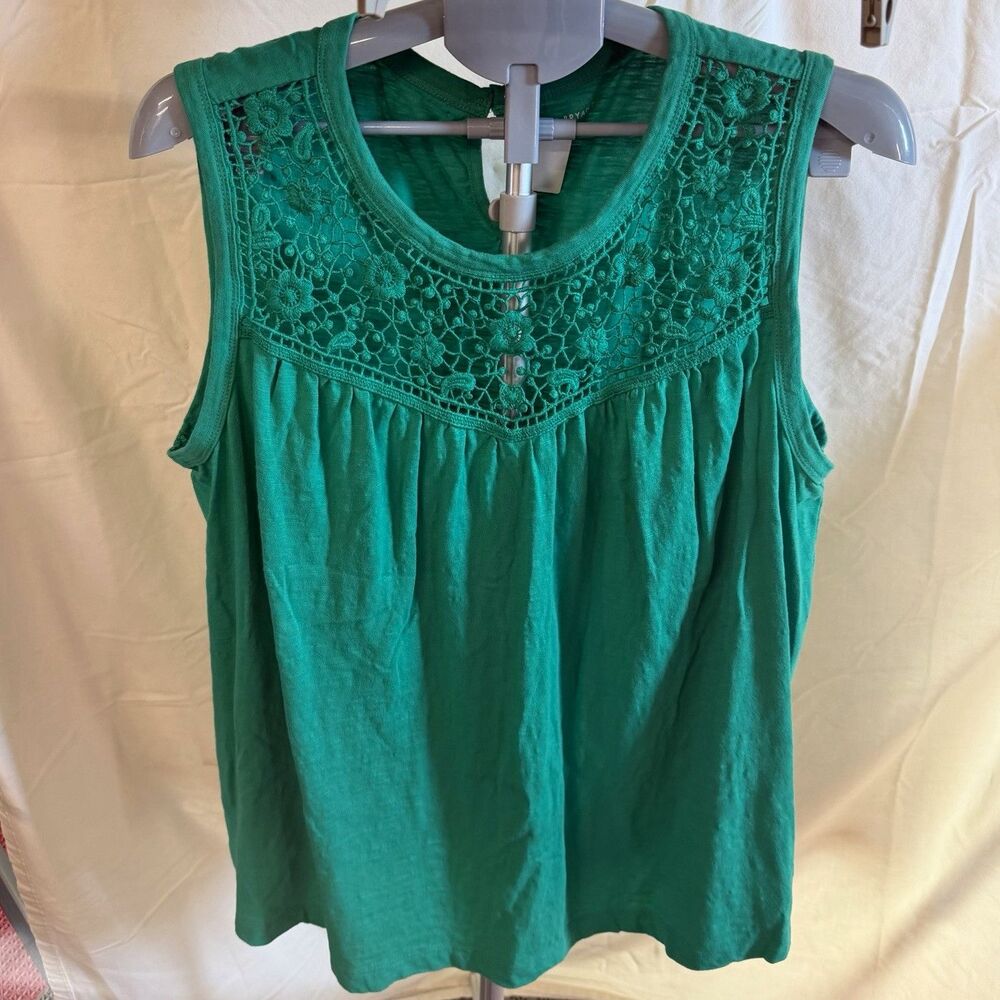 Lane Bryant Womens 22/24 Green Woven Cotton Lace Yoke Keyhole Blouse Sleeveless